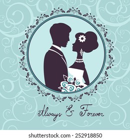 Elegant wedding couple in silhouette. Wedding card  in vector format