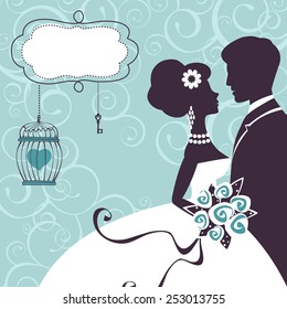 Elegant wedding couple in silhouette. Wedding card  in vector format