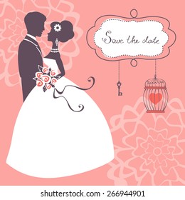 Elegant wedding couple in silhouette. Wedding card in vector format