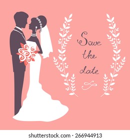 Elegant wedding couple in silhouette. Wedding card in vector format