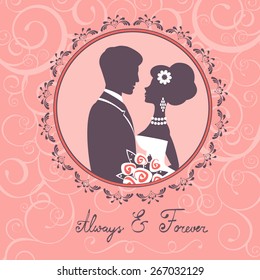 Elegant wedding couple in silhouette. Wedding card in vector format