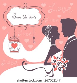 Elegant wedding couple in silhouette. Wedding card in vector format