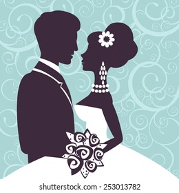 Elegant wedding couple in silhouette. Save the date card  in vector format