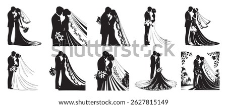 Elegant Wedding Couple Silhouette Set – Bride and Groom Vector Art in Black and White