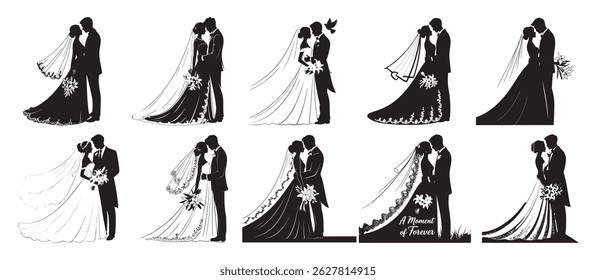 Elegant Wedding Couple Silhouettes – Romantic Bride and Groom Vector Illustration Set