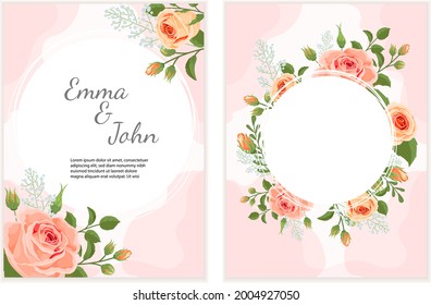 Elegant wedding design templates set  with beautiful roses bouquets. Best for invitations, greeting card, flyers. Vector illustrations collection.