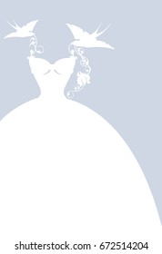 elegant wedding dress among birds and flowers - simple white silhouette vector design