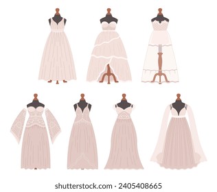 Elegant Wedding Dresses Collection Features Timeless Designs, Intricate Lacework, And Flowing Silhouettes, Ensuring Every Bride Finds The Perfect Gown For Her Unforgettable Moment. Cartoon Vector Set