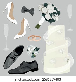 Elegant Wedding Essentials Illustration with Classic Details, A sophisticated wedding-themed illustration featuring essential elements of a wedding celebration: bridal high heels, groom’s shoes