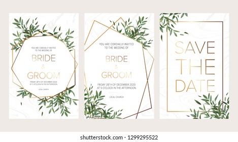 Elegant Wedding floral invitation, thank you modern card: ruscus italian wreath on white marble texture with a golden geometric pattern. Elegant rustic template. All elements are isolated and editable