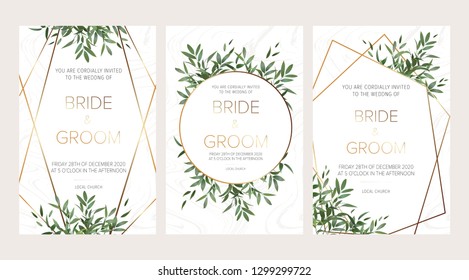 Elegant Wedding floral invitation, thank you modern card: ruscus italian wreath on white marble texture with a golden geometric pattern. Elegant rustic template. All elements are isolated and editable