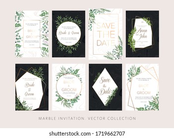 Elegant Wedding floral invitation, thank you modern card: ruscus italian wreath, rosemary, eucalyptus branches on white and black marble texture with a golden geometric pattern. A big luxury set. 