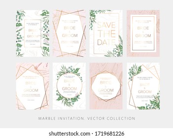 Elegant Wedding floral invitation, thank you modern card: ruscus italian wreath, rosemary, eucalyptus branches on white and pink marble texture with a golden geometric pattern. A big luxury set. 