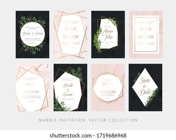 Elegant Wedding floral invitation, thank you modern card: ruscus italian wreath, rosemary, eucalyptus branches on black and pink marble texture with a golden geometric pattern. A big luxury set. 
