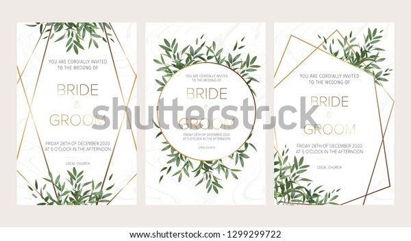 Elegant Wedding floral invitation, thank you\
modern card: ruscus italian wreath on white marble texture with a\
golden geometric pattern. Elegant rustic template. All elements are\
isolated and editable