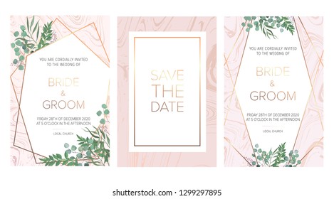 Elegantes invitaciones florales de bodas, guardar el diseño de la tarjeta de fecha con hojas de ruco, plantas forestales, composición de hierbas 