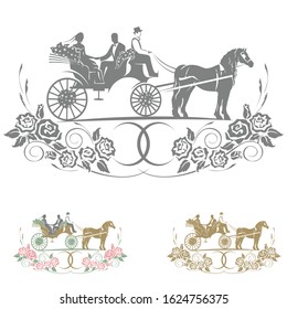 Elegant wedding horse carriage with groom, bride and coachman with a pattern roses flowers.