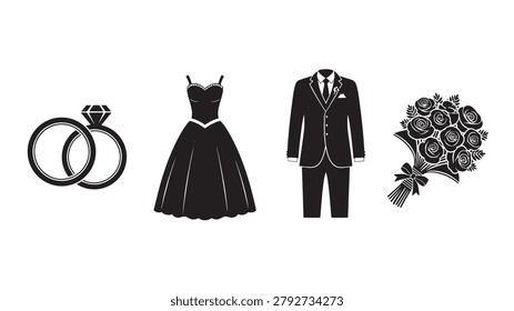 Elegant wedding icon set featuring a brilliant diamond ring alongside a beautiful bridal gown and a formal groom tuxedo suit plus a romantic floral bouquet arrangement presented as a high quality black and white vector graphic design illustration perfect for various creative matrimonial projects and celebration themed branding