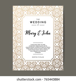 Elegant wedding invitation background. Card design with gold floral ornament. Vector decorative template.