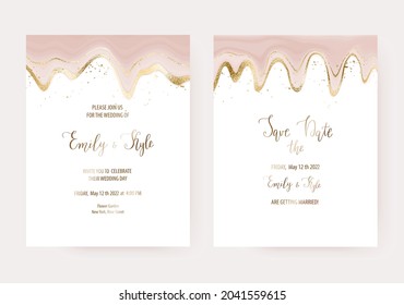 Elegant wedding invitation background design with liquid drip border and gold texture.