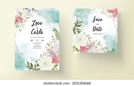 Elegant wedding invitation with beautiful hand drawing flower and leaves