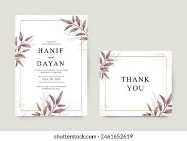 Elegant wedding invitation with beautiful leaves and gold frame