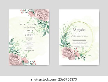 Elegant wedding invitation with beautiful watercolor flower. Illustrator and designer. Wedding Invites, save the date, Birthday Invites, Video Invites, E-Cards.