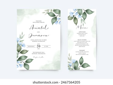 Elegant wedding invitation with blue flowers and green leaves