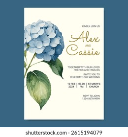 Elegant Wedding Invitation with Blue Hydrangeas Flower Watercolor