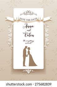 Elegant wedding invitation with bride and groom. Holiday design for leaflet, cards, invitation and so on. Place for text.