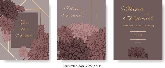 Elegant wedding Invitation in brown colors on neutral grey backgroud with gold elements and text: save the date, rsvp, and Aster flowers. Vector card design template. 