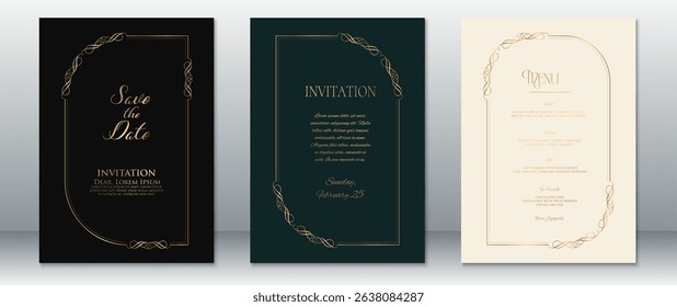 Elegant wedding invitation bundle featuring luxurious black and green backgrounds with gold ornamental frames, paired with a classic cream menu card. 