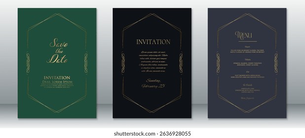  Elegant wedding invitation bundle with gold line art on dark green and navy backgrounds. Features geometric frames and minimalist typography, ideal for luxury or formal events.