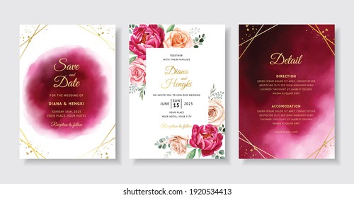 Elegant wedding invitation with burgundy floral watercolor