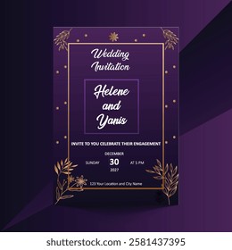 Elegant wedding invitation card adorned with gold and purple floral designs, conveying a sense of romance and celebration.