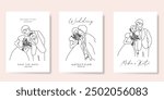 Elegant wedding invitation card background vector. Minimal hand drawn bride and groom in black line art. Design for wedding, vip cover template, rsvp modern card, poster.