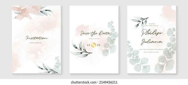 Elegant wedding invitation card background with golden line art leaves, eucalyptus leaf, flowers, botanical branches. Abstract art background vector design for wedding, vip, cover template, poster.