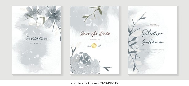 Elegant wedding invitation card background with golden line art leaves, flowers, botanical branches, blue watercolor. Abstract art background vector design for wedding, vip, cover template, poster.