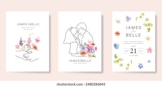 Elegant wedding invitation card background vector. Minimal hand drawn bride and groom in watercolor botanical flowers texture. Design for wedding, vip cover template, rsvp modern card, poster.