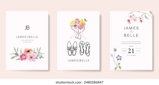 Elegant wedding invitation card background vector. Minimal hand drawn bride and groom shoes in watercolor botanical flowers texture. Design for wedding, vip cover template, rsvp modern card, poster.