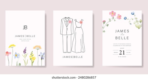 Elegante Vector de fondo de tarjeta de invitación de boda. Vestido de novia y novio dibujado a mano mínimo en textura de flores botánicas de acuarela. Diseño para boda, Plantilla de portada vip, tarjeta moderna rsvp, póster.