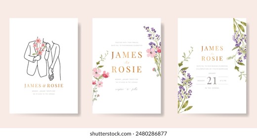 Elegant wedding invitation card background vector. Minimal hand drawn bride and groom in watercolor botanical flowers texture. Design for wedding, vip cover template, rsvp modern card, poster.