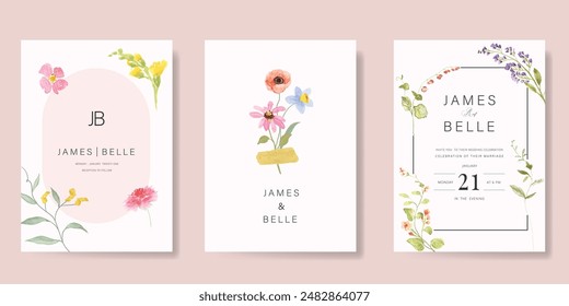 Elegant wedding invitation card background vector. Minimal hand painted watercolor botanical flowers texture template background. Design illustration for wedding, vip cover, poster, rsvp modern card.