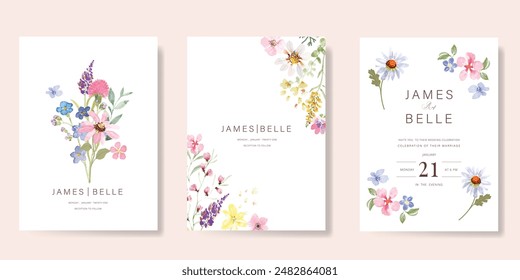 Elegante Vector de fondo de tarjeta de invitación de boda. Fondo de Plantilla de textura de flores botánicas de acuarela pintada a mano mínima. Ilustración de diseño para la boda, cubierta vip, póster, tarjeta moderna rsvp.