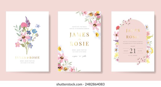 Elegant wedding invitation card background vector. Minimal hand painted watercolor botanical flowers texture template background. Design illustration for wedding, vip cover, poster, rsvp modern card.