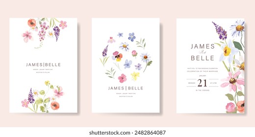 Elegant wedding invitation card background vector. Minimal hand painted watercolor botanical flowers texture template background. Design illustration for wedding, vip cover, poster, rsvp modern card.