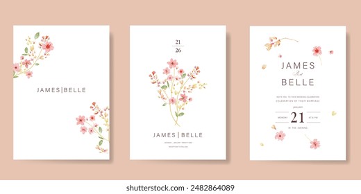 Elegant wedding invitation card background vector. Minimal hand painted watercolor botanical flowers texture template background. Design illustration for wedding, vip cover, poster, rsvp modern card.