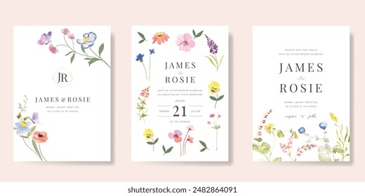 Elegante Vector de fondo de tarjeta de invitación de boda. Fondo de Plantilla de textura de flores botánicas de acuarela pintada a mano mínima. Ilustración de diseño para la boda, cubierta vip, póster, tarjeta moderna rsvp.