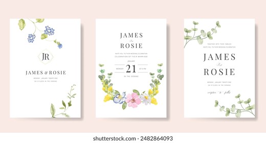 Elegant wedding invitation card background vector. Minimal hand painted watercolor botanical flowers texture template background. Design illustration for wedding, vip cover, poster, rsvp modern card.