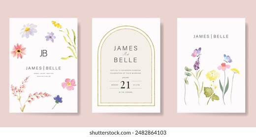 Elegant wedding invitation card background vector. Minimal hand painted watercolor botanical flowers texture template background. Design illustration for wedding, vip cover, poster, rsvp modern card.